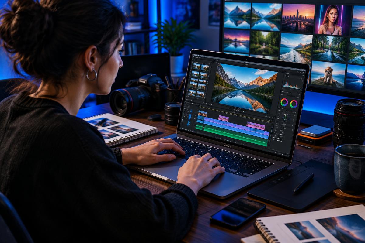 Creator working on visual and video content at a laptop