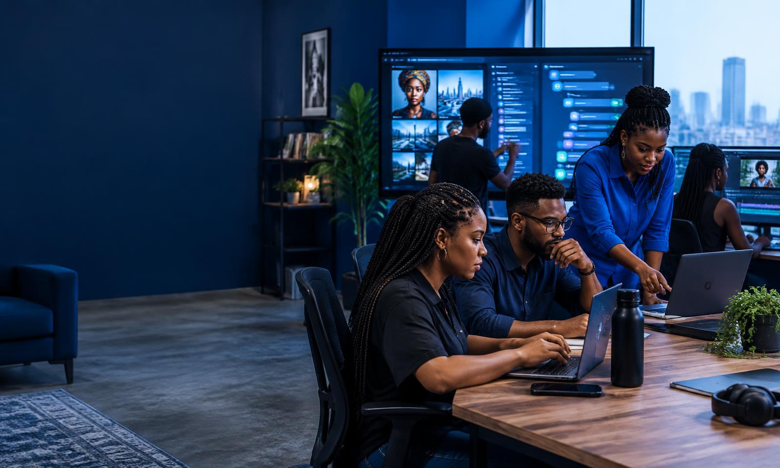 Creative professionals working with AI tools together